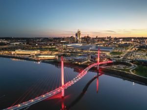 Omaha, Nebraska, USA Skyline on the Missouri River at dusk.